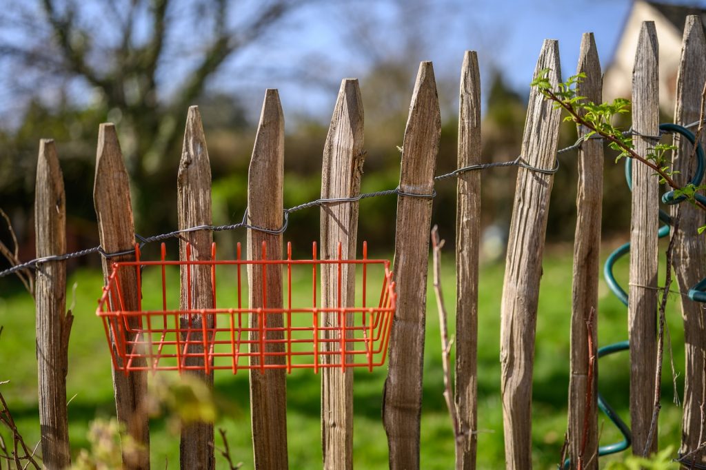 brown wooden fence with red metal fence